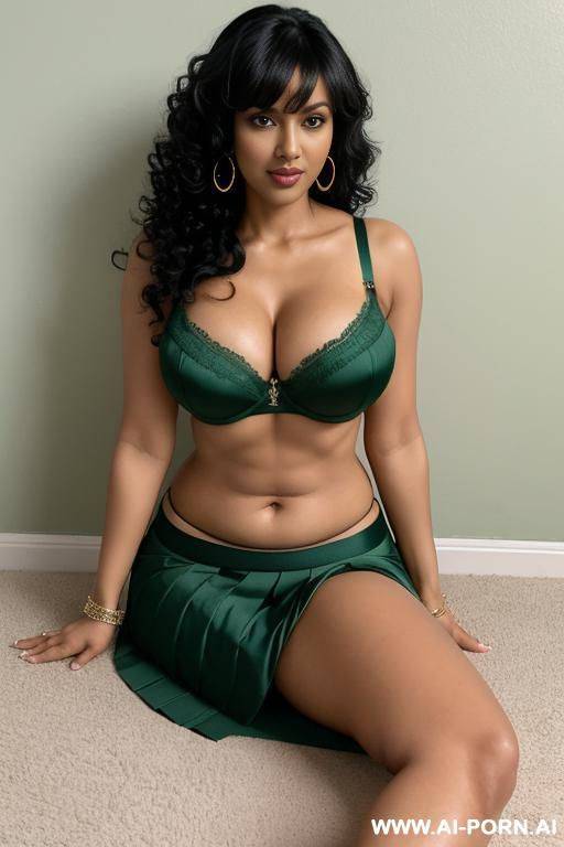 indian, 30 years, black hair, tall curly hair, bangs, muscular arms, hand on hip, green bra, green skirt, navel piercing, seduce, looking at camera, big ass, heels, thick body, laying on side - #main