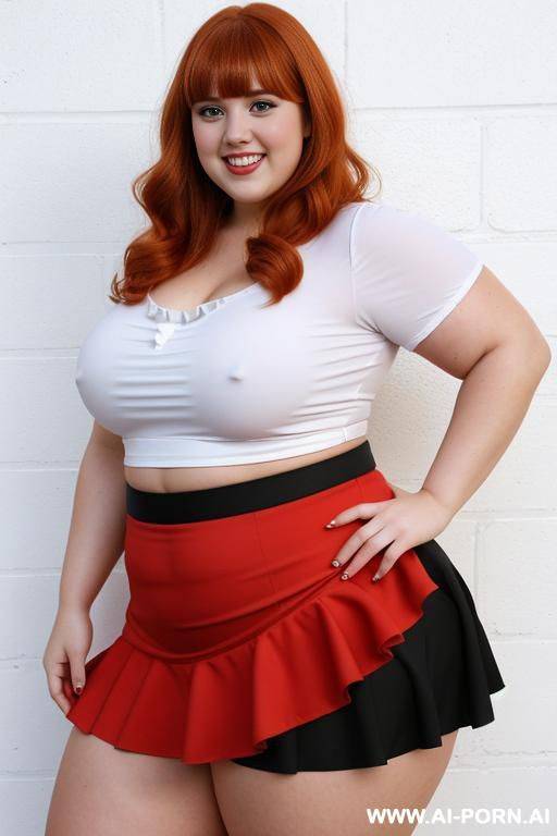 full body photo shot, the most sexy and chubby fat bbw cheerleader, with tummy and lovehandless, wearing a micro ruffle skirt - #main