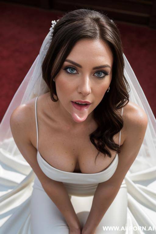 cgi style (sexy style), (realistic picture), (close up), close pov, from above, hetero couple, ( bride wearing sexy white wedding dress), huge boobs, deep neckline, pretty face, perfect blue eyes, - #main