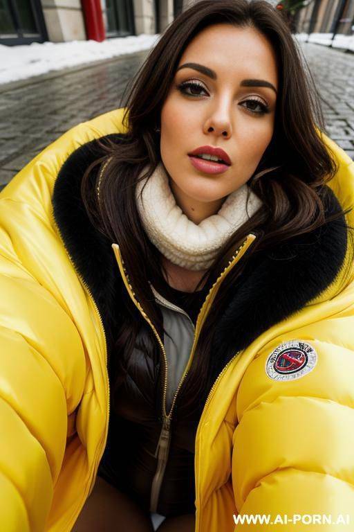 brunette wearing massive oversized puffer jacket, lying on viewer, kissing, (covered with cum:1.2) - #main