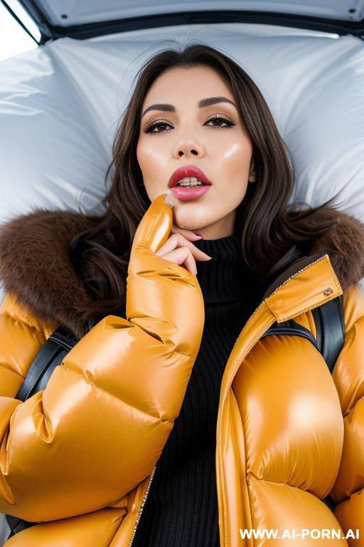 brunette wearing massive oversized puffer jacket, lying on viewer, kissing, (cum on face:1.2), (lots of cum:1.2) - #main