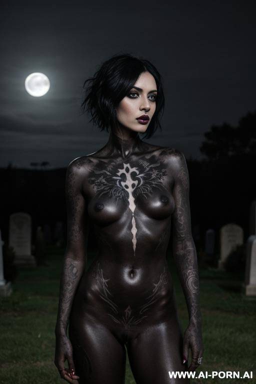 skinned goth babe, many black tattoos, fully naked in a graveyard, natural breasts, full areolas, black hair, standing, moonlight - #main