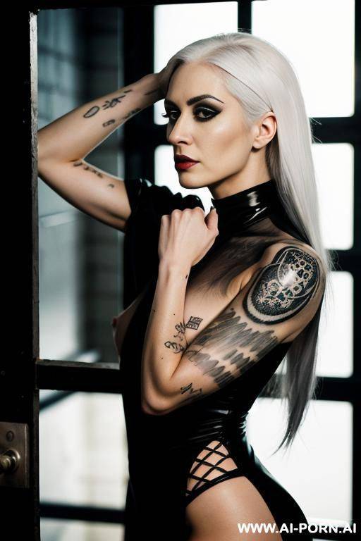 fully naked goth babe, long white hair, many black tattoos, in a jail cell - #main