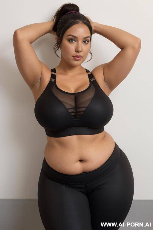 (black sports bra), (red yoga pants), (chubby, (chubby woman) (chubby figure)), (medium-length brown ponytail), (brown eyes), (giant breasts), (huge areolas), (naked breasts) , ((sports bra between - #main