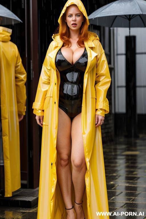 french woman, gigantic low hanging heavy saggy teardrop jug breasts, deep massive cleavage, long mussed and messy ginger hair, yellow raincoat, naked under the raincoat, orgasm face - #main