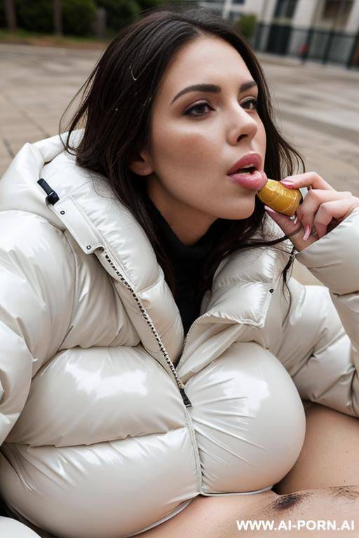 brunette wearing massive oversized puffer jacket, (lying upon viewer), kissing, (cum on face:1.2), (lots of cum:1.2), (soaked with cum:1.2) - #main