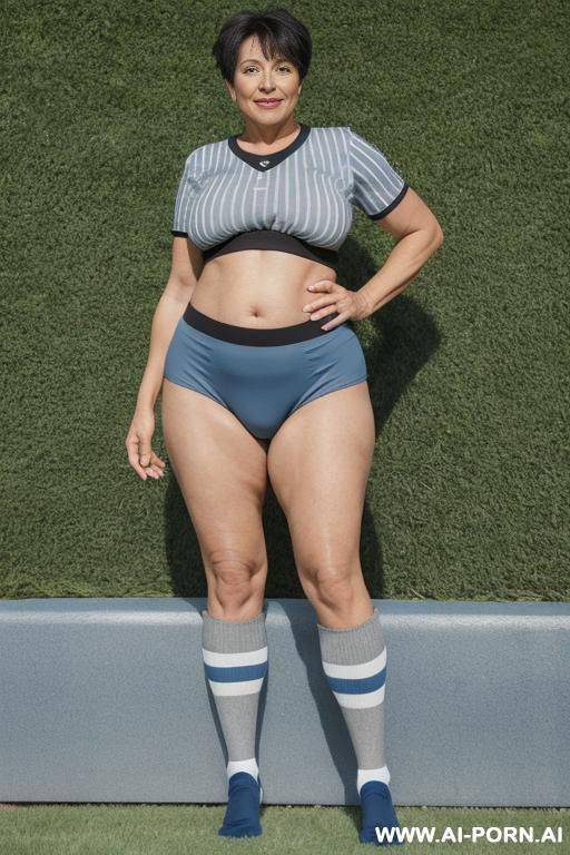 0 year old grandmother, full body, standing, clearly visible age marks, triangular hips, thick thighs, massive boobs, big ass, short gray hair, wearing a blue football shirt with black stripes, - #main