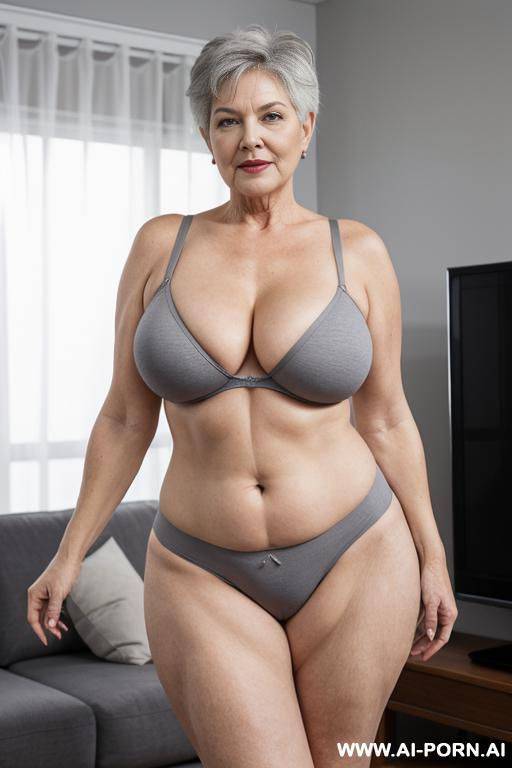 0-year-old white grandmother, short gray hair, lady, full body, standing, very visible age features, gray hair, triangle hips, thick thighs, big ass, wearing gray underwear, living room in front of the television - #main