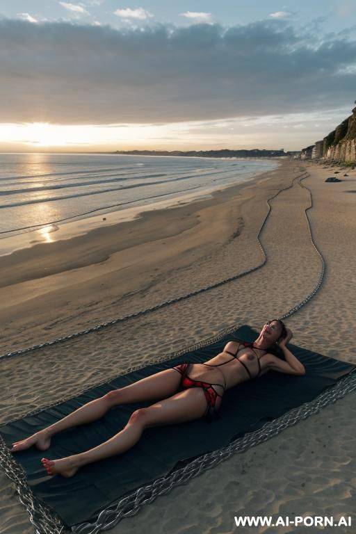 totally naked, barefoot, pussy, bondage, tied, metal restraints, chains, fetters, metal collar, lie down, spread wide, spread legs, evening, beach, boulder, german - #main