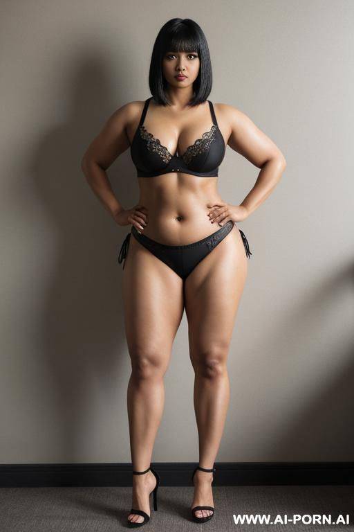 indian, 30 years, black hair, short straight hair, bangs, muscular arms flexing, thick body and ass, lime bra, lime nis skirt, navel piercing, seductive, looking at camera, heels, front view - #main