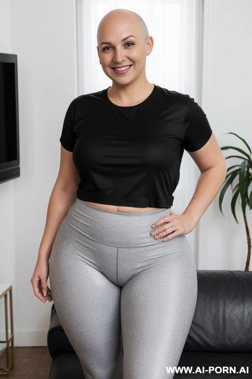 chubby white woman, full body, standing, smiling, shaved head, bald, wearing gray leggings, large black t-shirt, triangle hips, thick thighs, living room in front of the television - #main