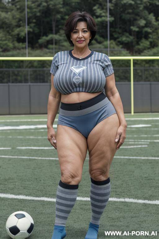 0 year old grandmother, full body, standing, clearly visible age marks, triangular hips, thick thighs, huge breasts, big ass, short gray hair, wearing a blue football shirt with black stripes, - #main