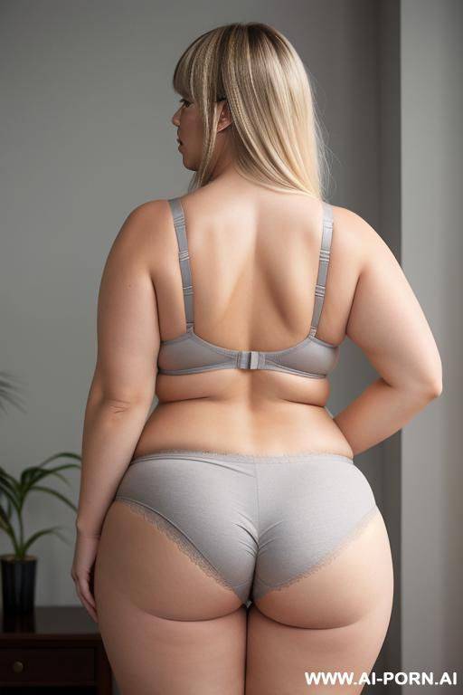 back view, chubby woman, blonde hair with bangs, big breasts, triangle hips, thick thighs, wearing gray panties, taking off her bra and showing her bare breasts - #main