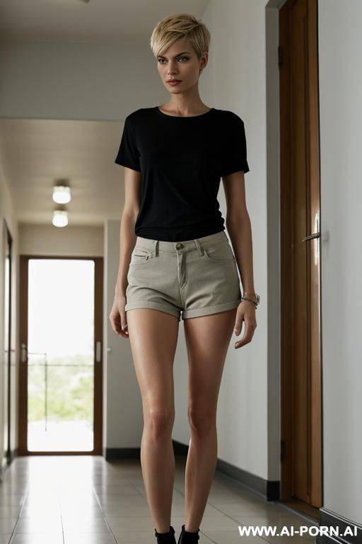 short, slender, german, blonde, pixiecut, shorts, shirt, standing, hallway - #main