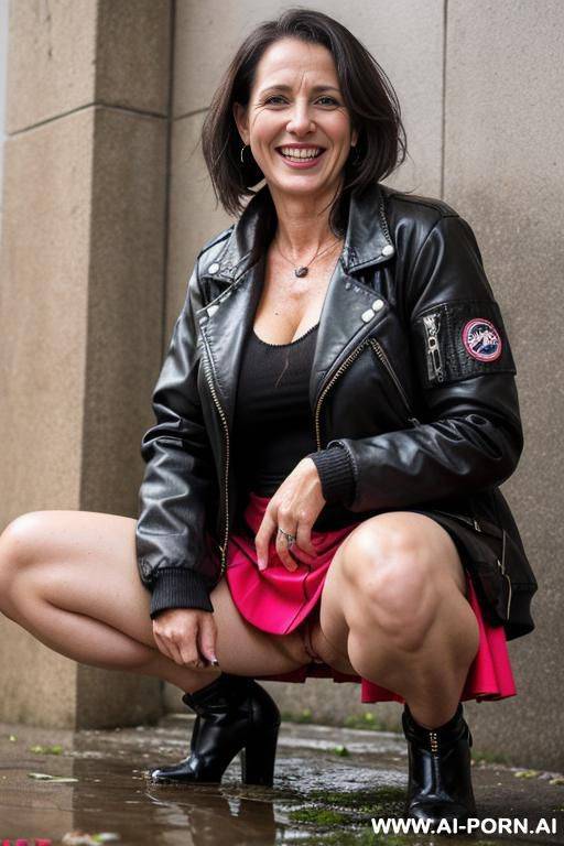 tough, raddled, messed up, mature, short skirt, jacket, squatting, trash corner, open legs, large labia, hairy pussy dripping pee into puddle - #main