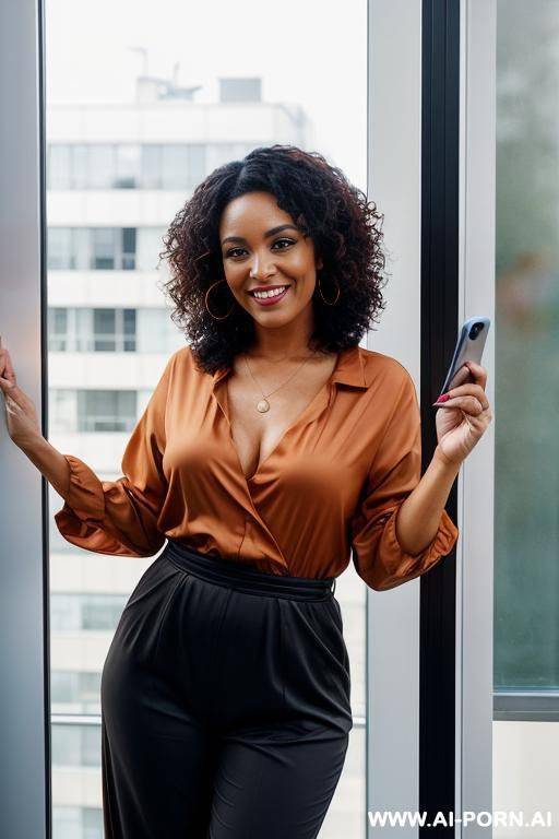 a woman with dark curly hair is smiling while holding a phone, she is wearing a burnt orange jumpsuit and is standing in front of a window. the background is blurred and there are some - #main