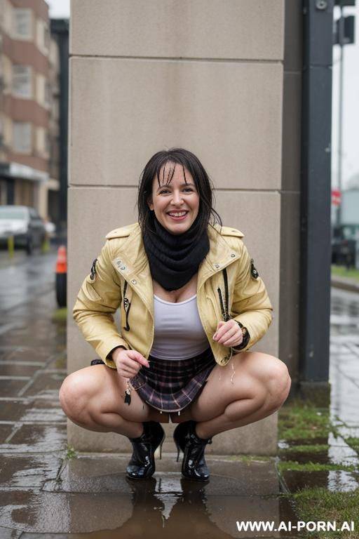 tough, raddled, messed up, mature, short skirt, jacket, squatting, corner, open legs, large labia, dripping pee into puddle - #main