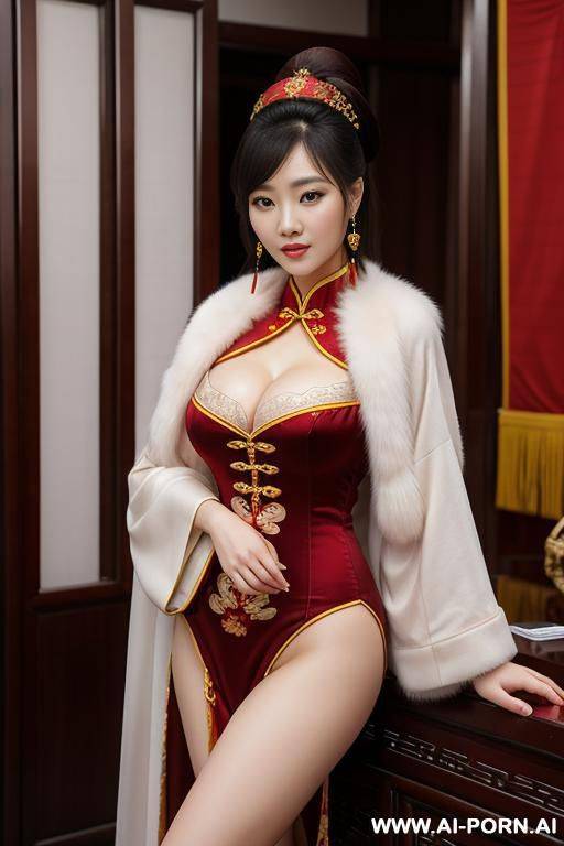 chinese traditional clog, silk, winter clothes, palace, beautiful face, perfect body, big eyes, big breasts, chinese, detail, seductive, rich lady, royal, - #main