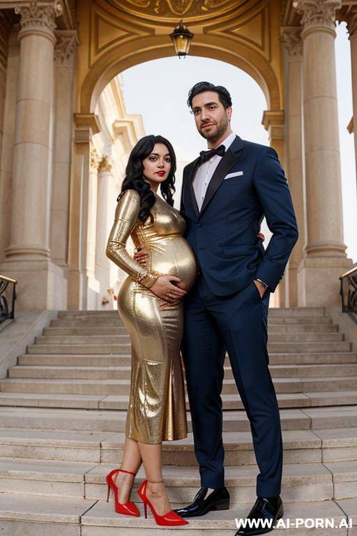 on the steps of a beautiful opera with golden railings and carpets. a woman and a man. a pregnant woman, only in red heels, naked, embraces a man. a man in an elegant suit, long hair. - #main