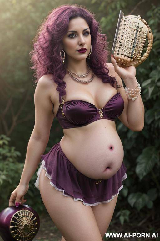 pregnant tits, garden, heavy pearl necklace, bracelets, slutty, hourglass figure, dark lips, hoop earrings, much makeup, seductive - #main