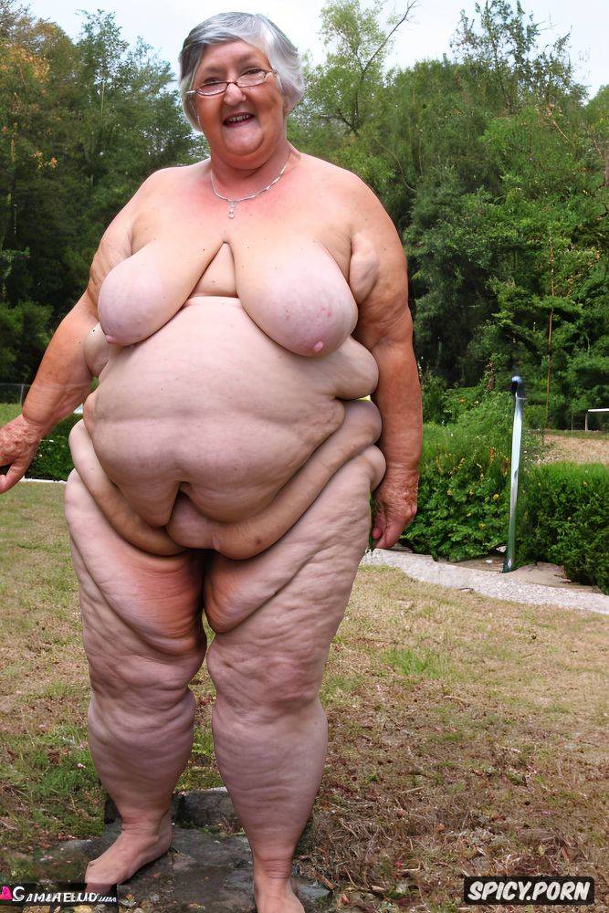 shaved, ssbbw belly1 4, front view, an old fat futanari granny standing naked with obese belly - #main