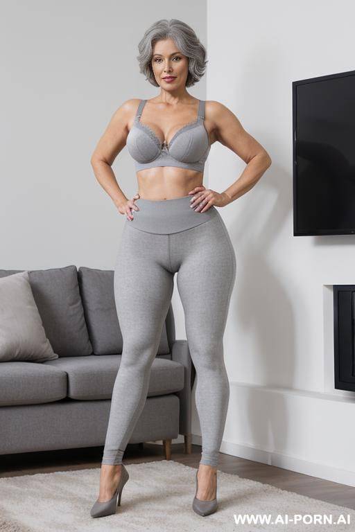 0-year-old white grandmother, short gray hair, lady, full body, standing, clearly visible age features, gray hair, triangular hips, thick thighs, big ass, wearing gray legging and bra, living room in front of the television - #main