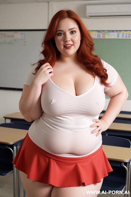 full body photo shot, about at classroom, chubby fat bbw curvy teacher, wearing a sexy and hot micro red ruffle skirt and elegant micro summer top, speaking to the classroom. - #main