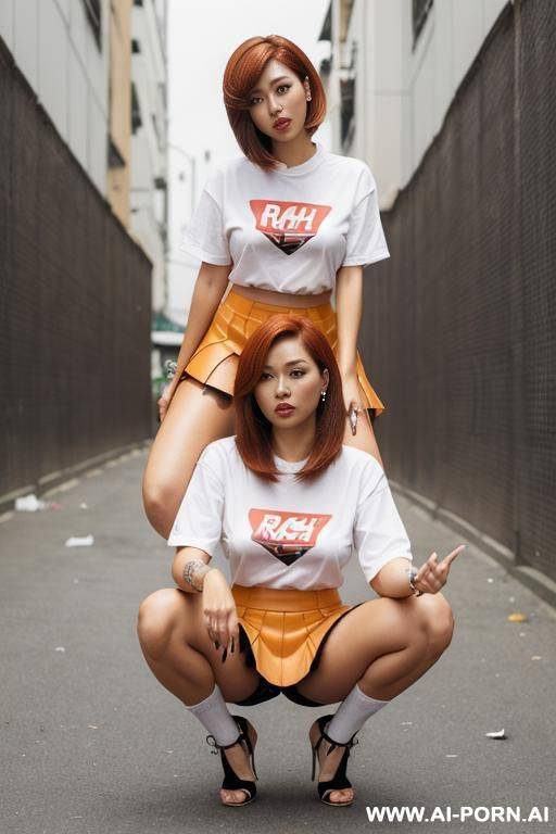 (rap hip hop woman) (trash corner) (short skirt) (squatting) (open legs) (messed up) (pussy) - #main
