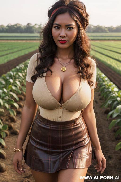 headband, ((((huge boobs)))), dark red lips, golden necklace, slutty - #main