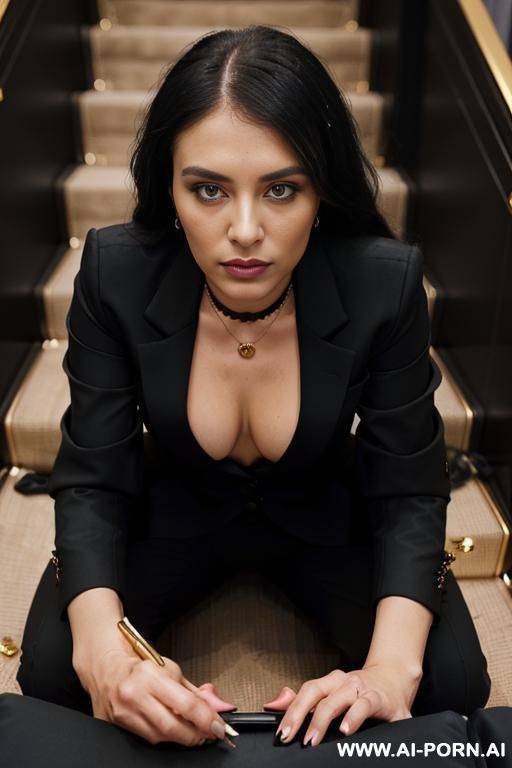 on the stairs inside a beautiful opera with gold railings and carpets. a woman. a pregnant woman only in red heels, completely naked, with short black curls, embraces, touching her vagina. - #main