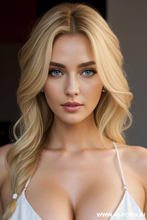blonde, wavy hair, clear eyes, build, and large bust. - #main