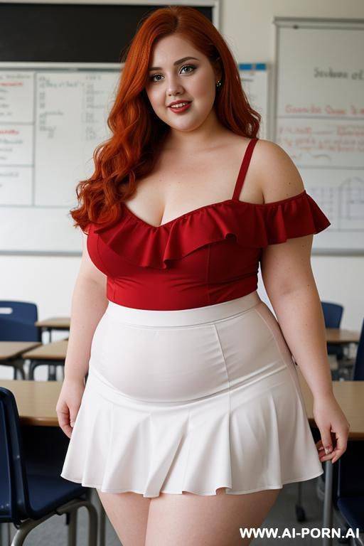 full body photo shot, about at classroom, chubby fat bbw curvy teacher, wearing a sexy and hot micro red ruffle skirt and elegant micro summer top, speaking to the classroom. - #main
