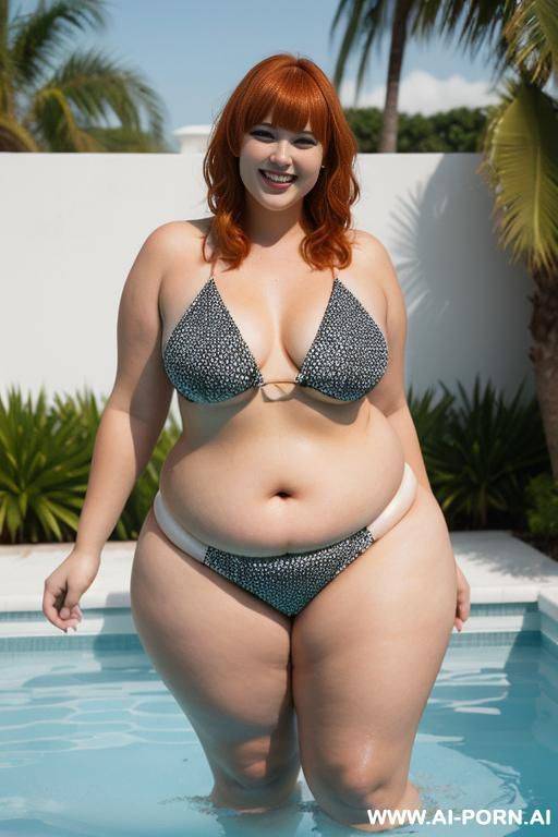 full body photo shot, about a pool party, woman chubby fat bbw, with tummy, wearing a color sexy and micro print silk bikini. - #main
