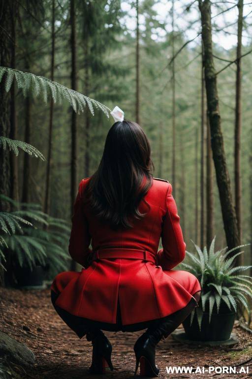 elegant, italian, red coat, forest, plants, bushes, squatting, holding tissue - #main