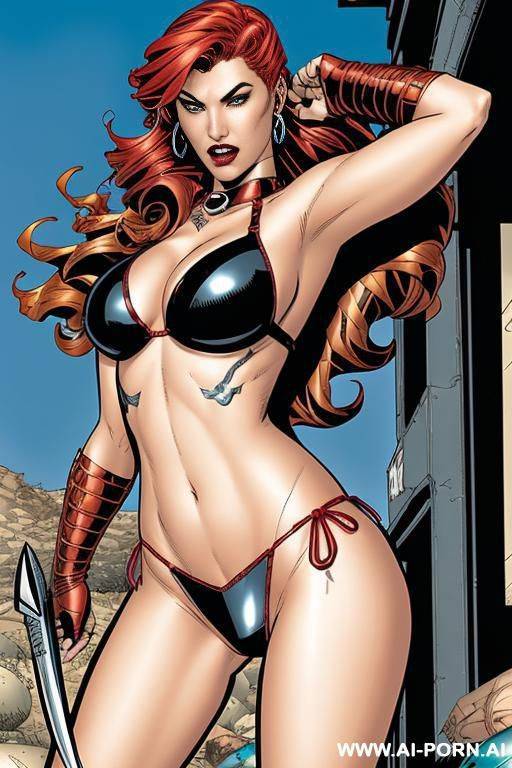 (((comic book, cartoon))), barbarian, red hair, metal silver bikini - #main