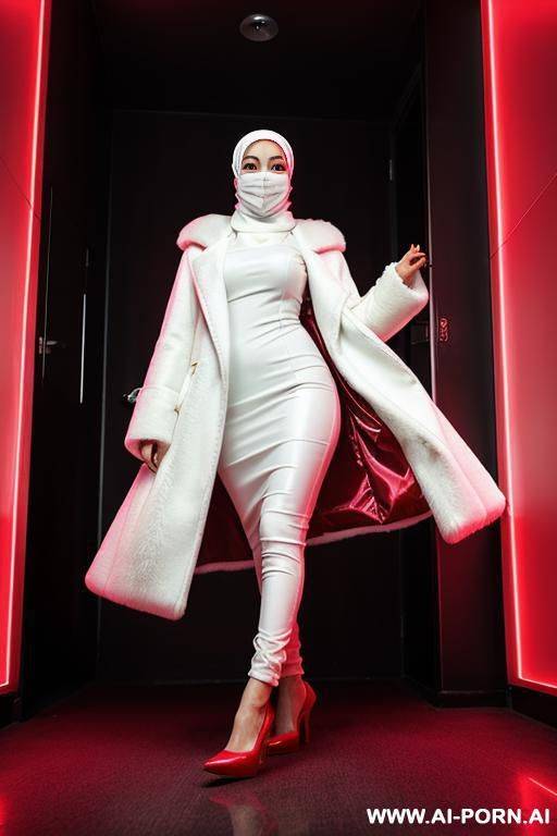 sexy hijab woman wearing a white mask, wearing hijab fur long coat, wearing sexy high heels shoes, in red devil light flashing room, in wet dream cursed nightmare - #main