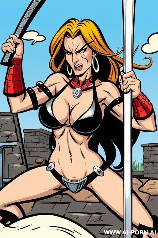 (((cartoon comics))), barbarian woman, angry face, swinging sword - #main