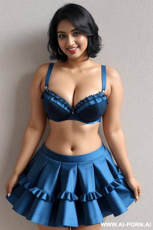 indians, 20 years, black hair, short messy hair, thick body, thick ass, blue bra, blue frilly skirt, navel piercing, smile, looking at camera, heels, thick legs - #main