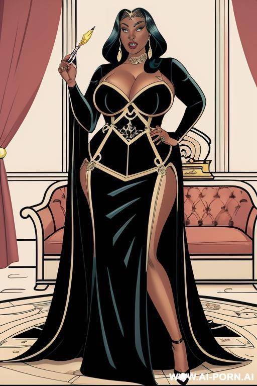 (((cartoon comics art))), ((high fantasy)), black bbw queen, long flowing dress, palace background - #main