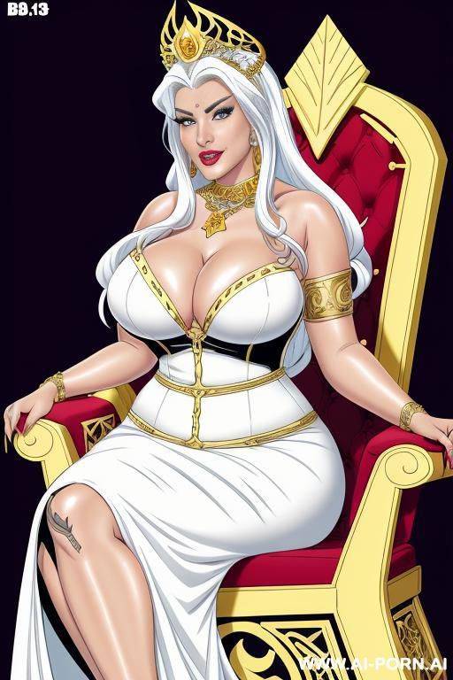 (((cartoon comics art))), ((high fantasy)), bbw queen, regal look, white hair, flowing dress with cleavage, sitting on golden throne - #main