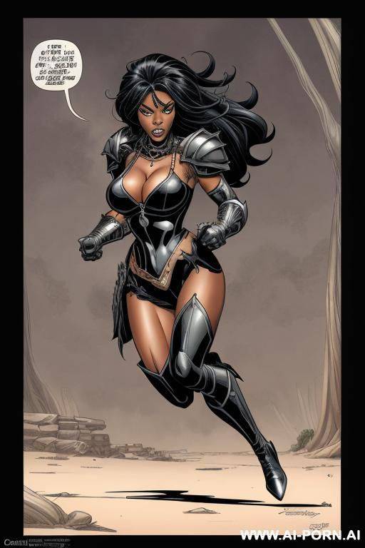 (((cartoon comics art))), ((high fantasy)), toned fit, black woman, armor, running - #main