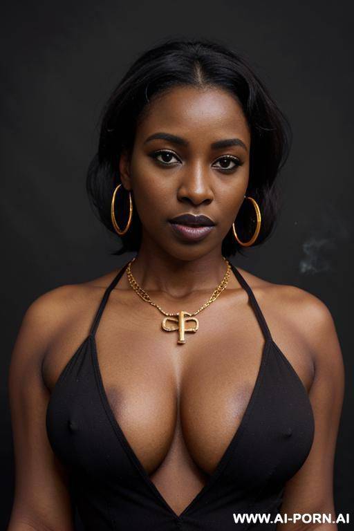 (((very dark skin))), black lipstick, masculine woman, , heavy eye make up, gold key necklace, gold necklace, gold earrings - #main