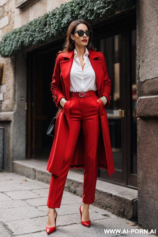 elegant italian red coat sunglasses shirt pants forest - #main