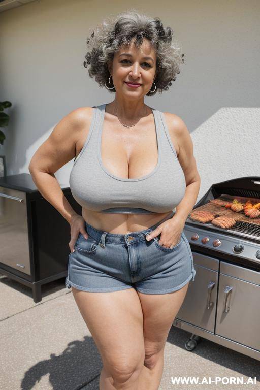 0 year old grandmother, full body, standing, short gray hair, lady, very visible signs of age, triangle hips, thick thighs, wearing blue jean shorts, white tank top, hands on waist - #main