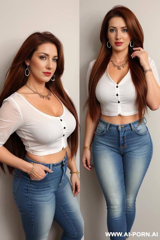 cuddling 2 lesbian beautiful 2 old woman wear blue extra cropped tight jeans, white colour long slieve office shirt and white colour ankle strap heels, standing, full body till heels, some - #main
