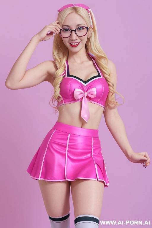 super cheerleader, energetic, beautiful asian with long blonde hair, all pink, pink cheerleader outfit, pink neck band, looking directly at the camera, huge open smile, sexually inviting, pink round glasses, - #main