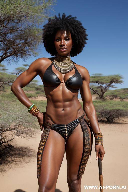 african tribal woman, black woman, toned body, tribal outfit, fighter, holding spear - #main