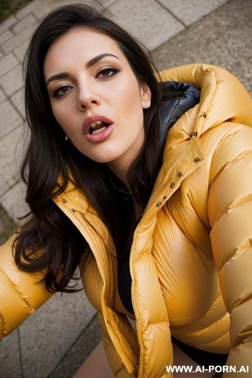 brunette with gigantic boobs on all fours crawling over the viewer looking down on viewer, wearing gigantic oversized puffer jacket, camera looking straight up, getting fucked in pussy - #main