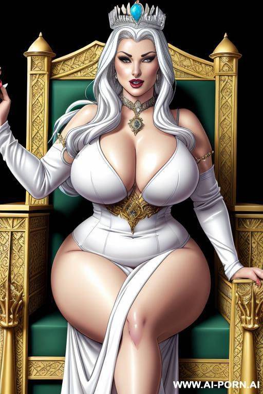 (((cartoon comics art))), ((high fantasy)), bbw queen, regal look, white hair, wearing flowing dress with boobs out, sitting on royal throne - #main