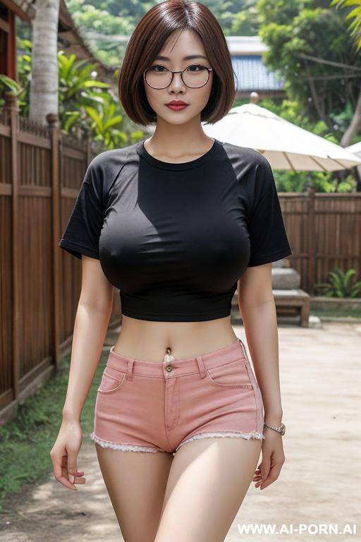 thailand, chinese woman ((big breasts)), short bob, glasses, walking in front of the house, fence (t-shirt), bare bottom, showing pussy - #main